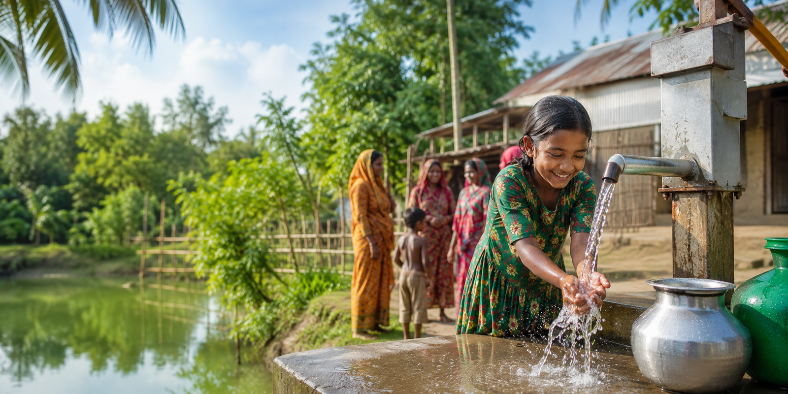 A girl washing her hands at a village tube well beside a pond